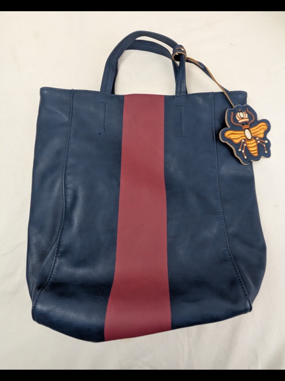 Sak Fifth Avenue NWOT Bee Leather Look Tote Bag with Burgundy Center Stripe